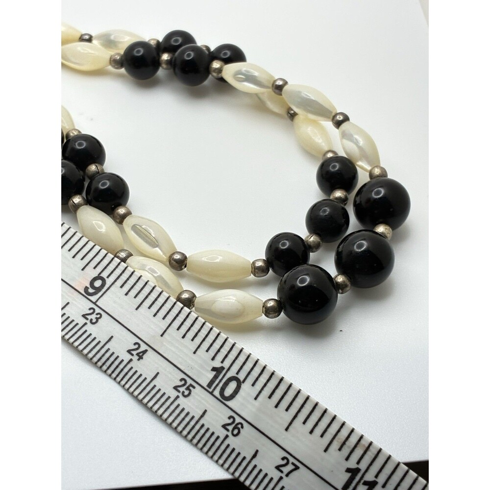 Mother Of Pearl ?Onyx? Beaded Silver Tone Necklace 20” VTG Double Strand READ - Picture 7 of 7